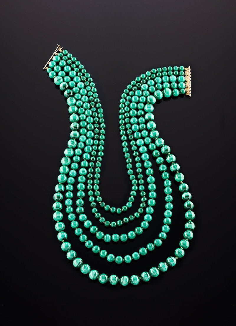 Flat view Malachite Necklace with 14K yellow gold bar clasp - Darby Scott