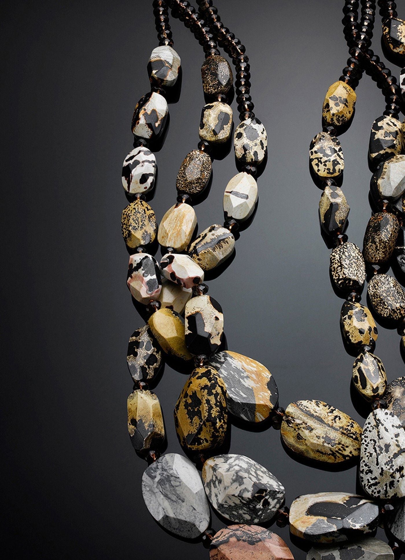 Close Up view smokey topaz rondelles Jasper 3 Strand Necklace - Darby Scott