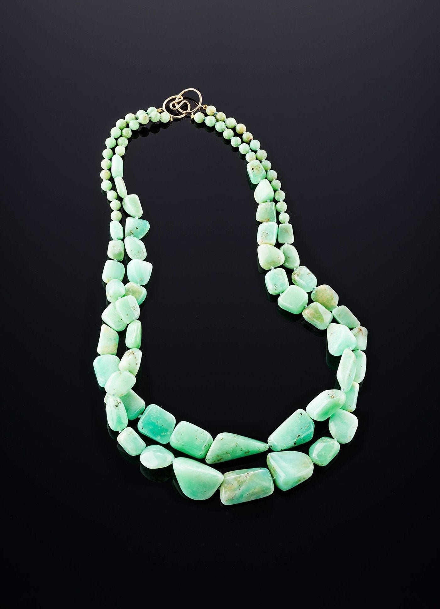 2 Strands Chrysoprase Necklace, 18K yellow gold butterfly clasp - Darby Scott