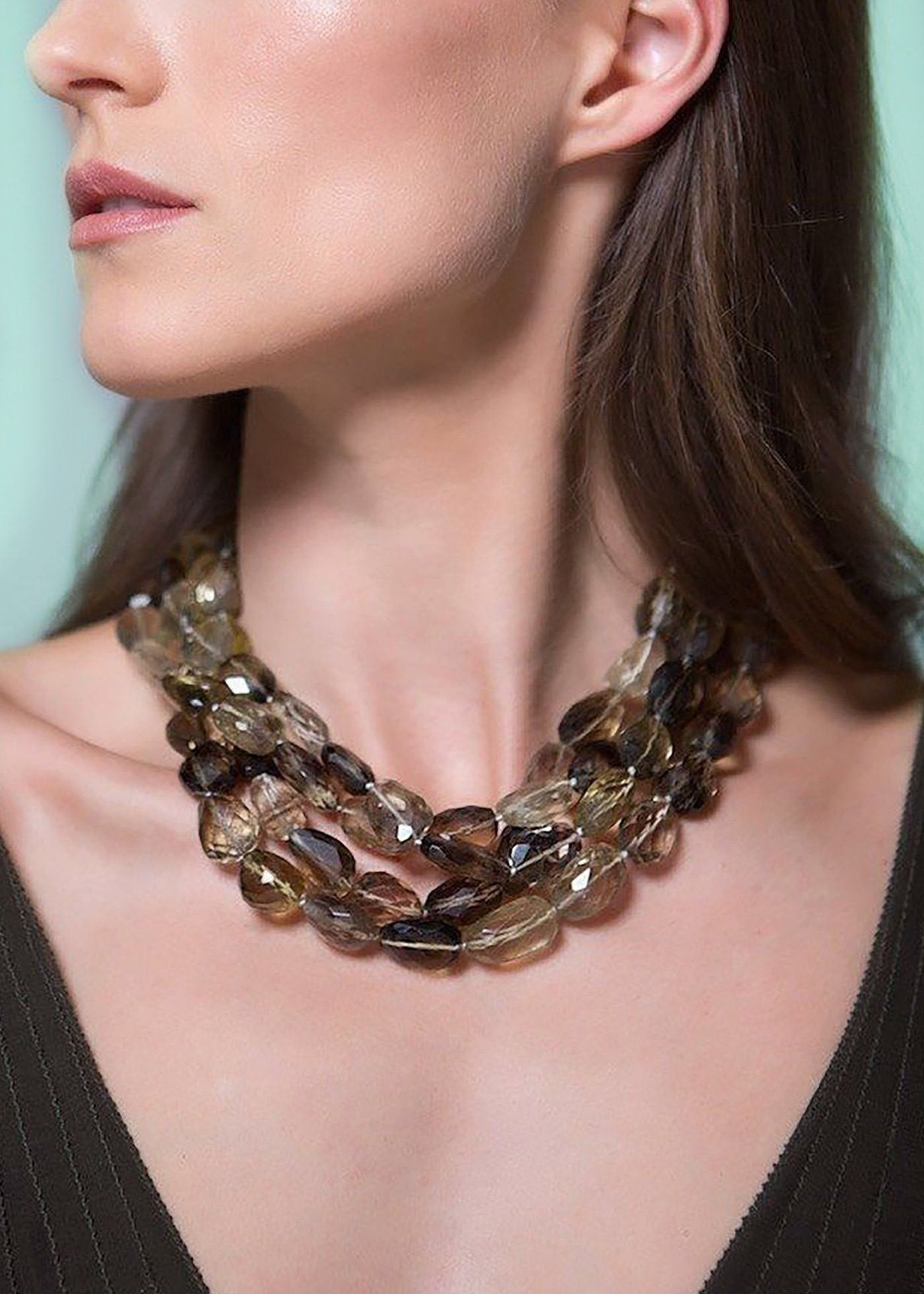 Model in Smokey Topaz Four Strand Necklace - Darby Scott