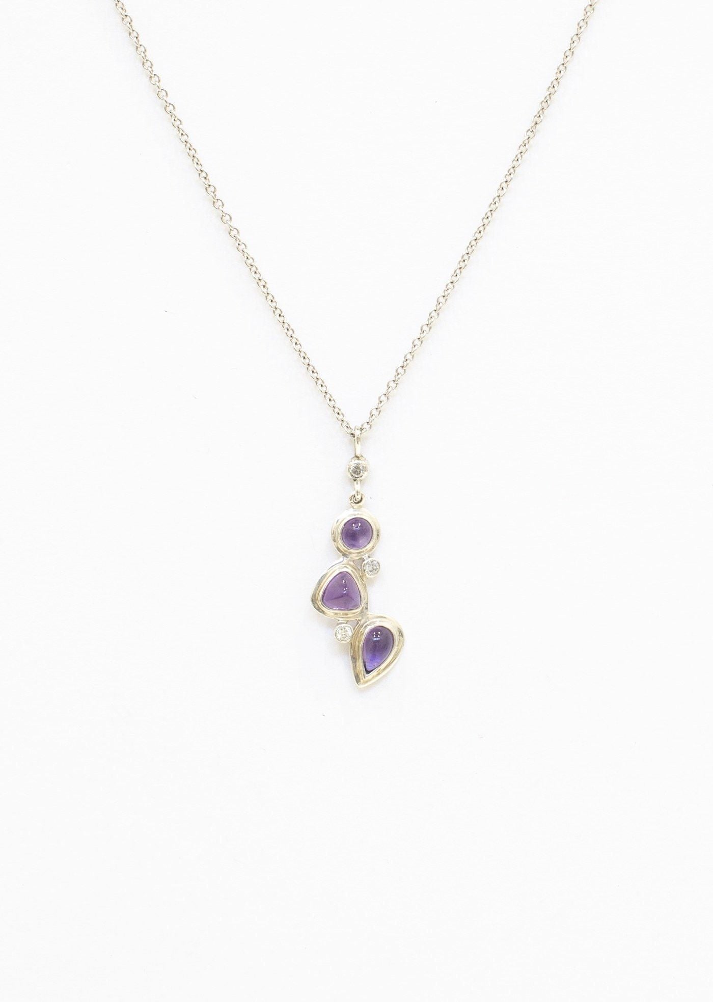 Amethyst & Diamond Sterling Mosaic 3 Stone Pendant on white background - Darby Scott