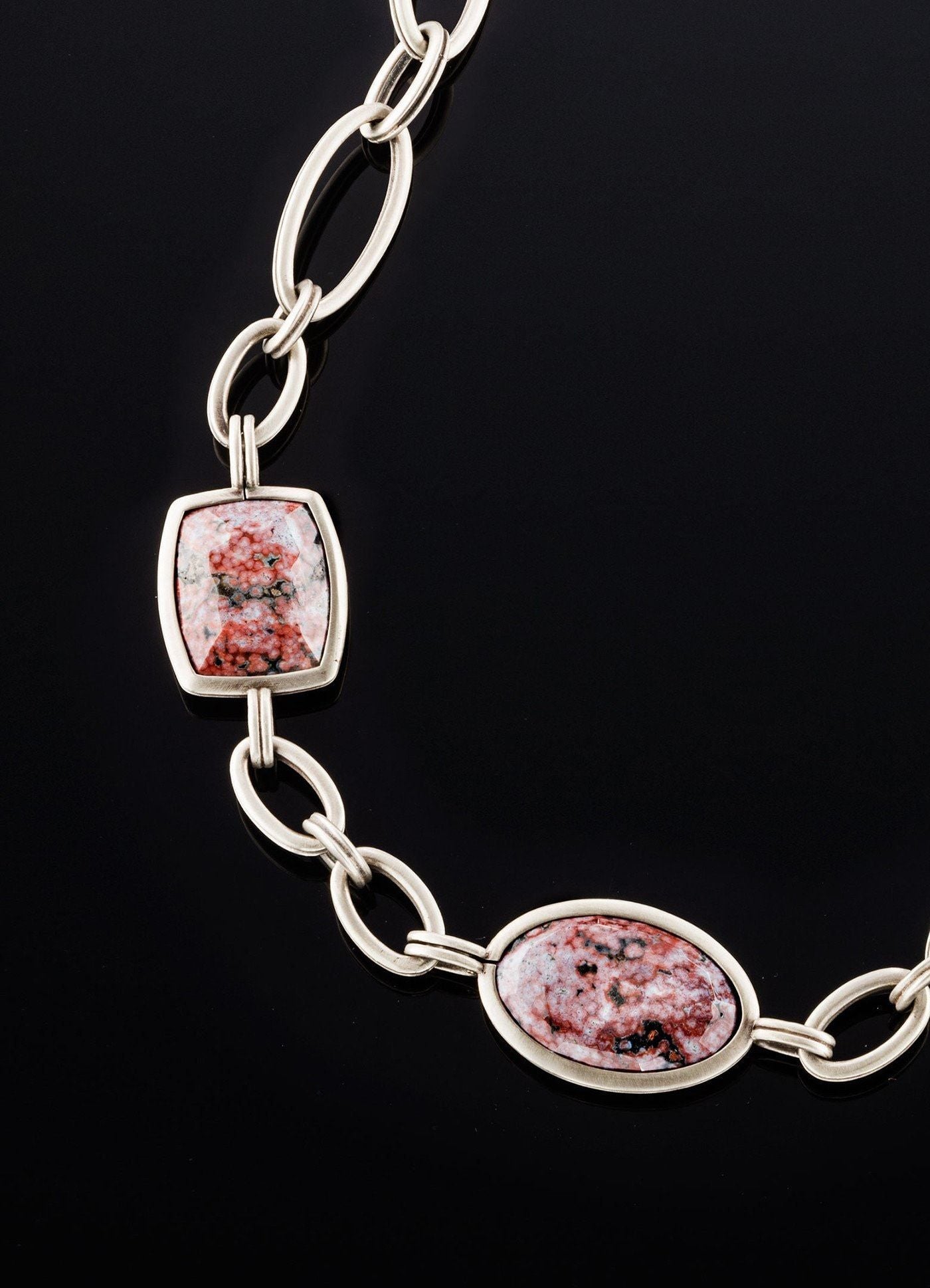 Close Up view of Red Jasper & White Brass Chain Links - Darby Scott