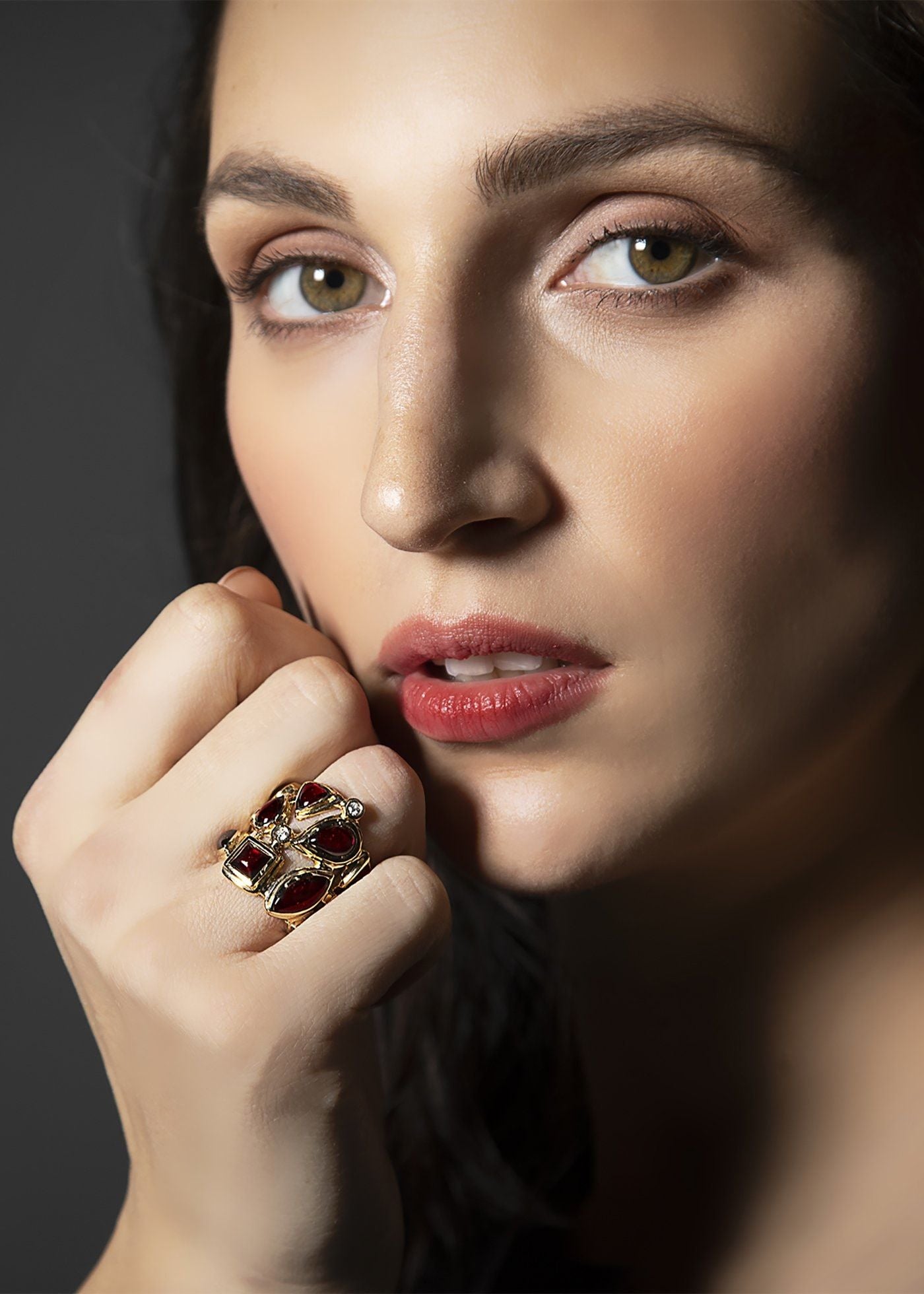 Close up of model in Garnet & Diamond Mosaic Cocktail Ring - Darby Scott