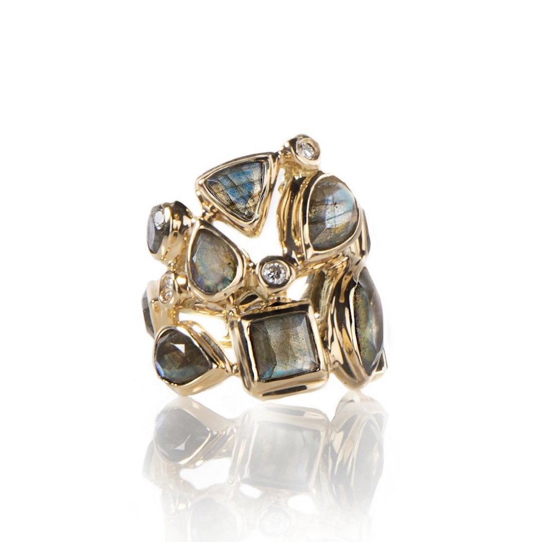 Mosaic Labradorite & diamond ring set in 18k yellow gold - Darby Scott