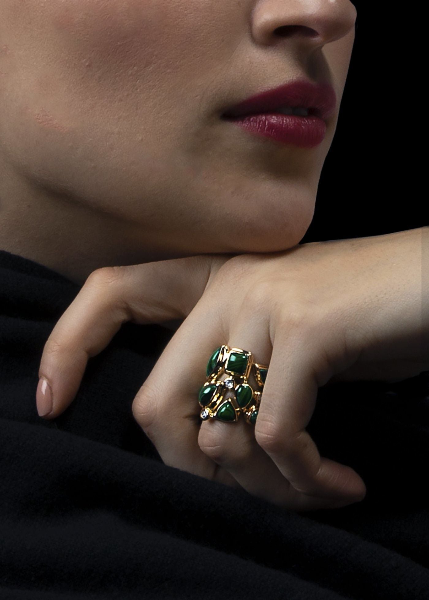 Model in Malachite & Diamond 18k Yellow Gold Mosaic Ring - Darby Scott