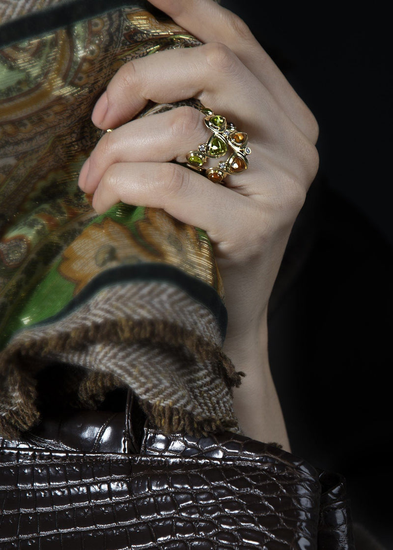 Model in two Mosaic rings of Peridot & Diamond & Citrine & Diamond gemstones and yellow gold - Darby Scott