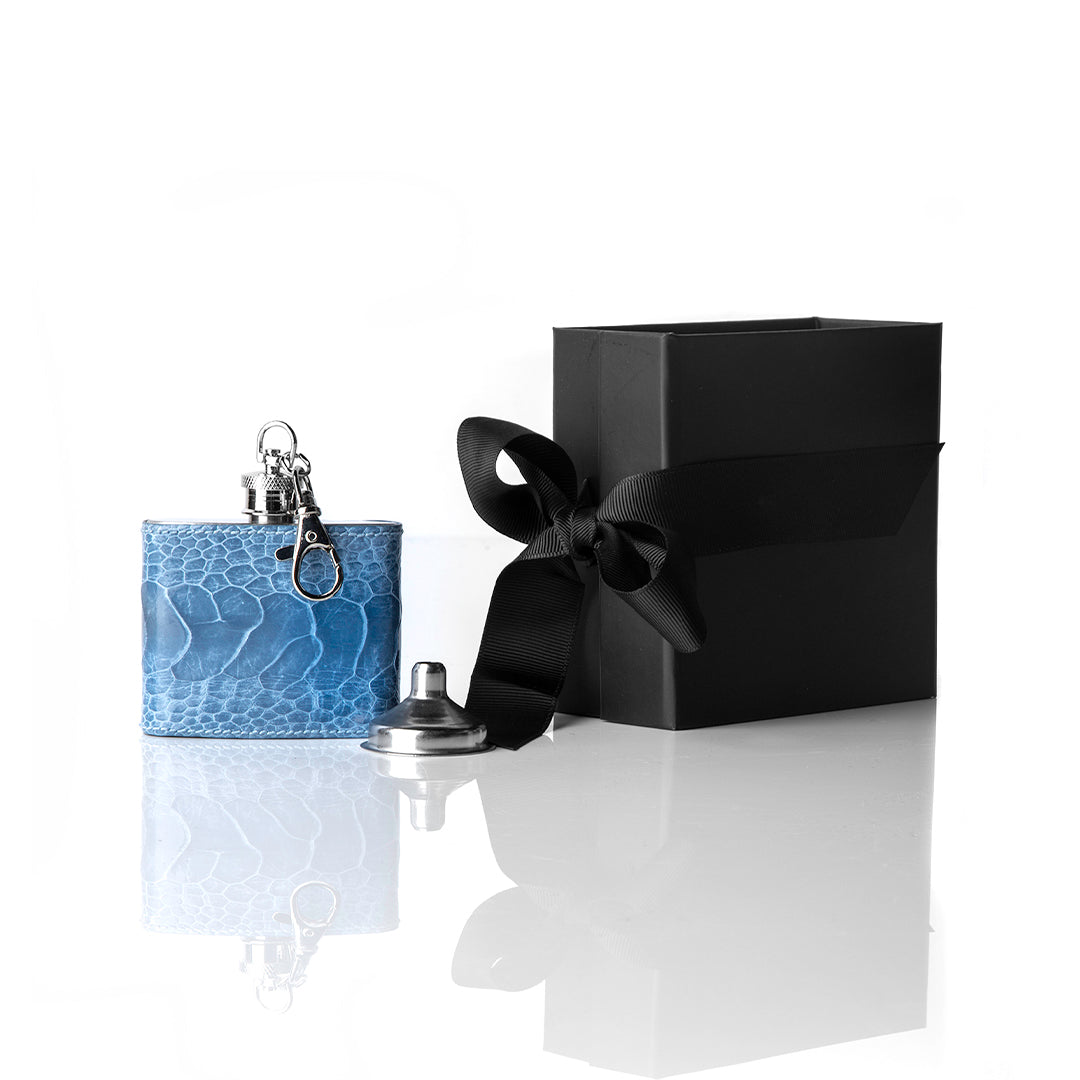 Blue covered key chain flask with gift box