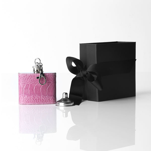 Pink covered keychain flask with gift box