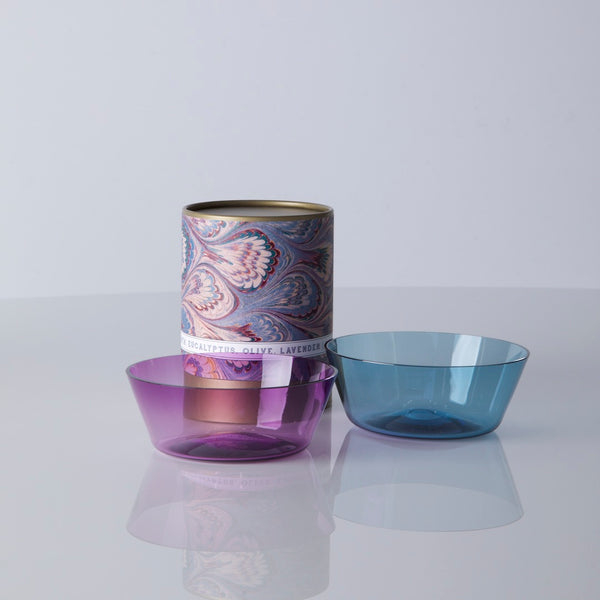 Lavender Candle and Two Glass Bowls
