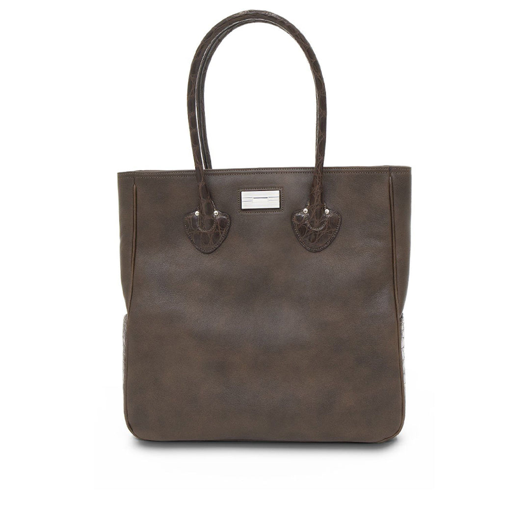 Brown Distressed Leather & Crocodile Essex Monogram Tote - Darby Scott