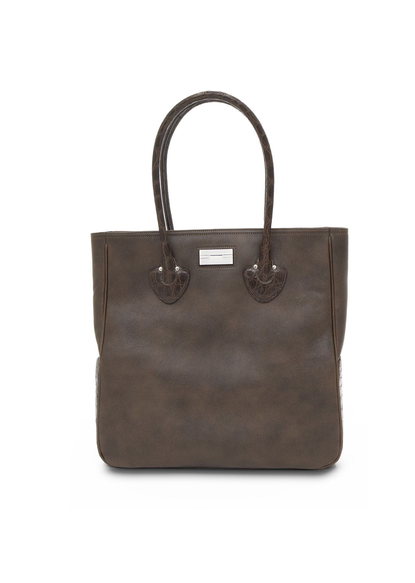 Brown Distressed Leather & Crocodile Essex Monogram Tote - Darby Scott