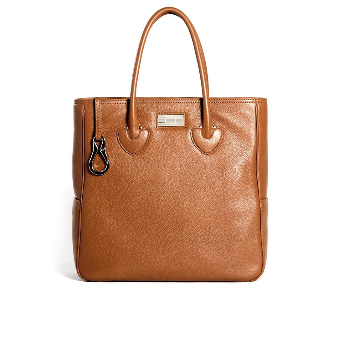 Cognac Pebble Leather Essex Tote with Sterling Silver Monogram Plate - Darby Scott