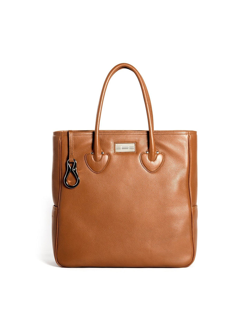 Cognac Pebble Leather Essex Tote with Sterling Silver Monogram Plate - Darby Scott