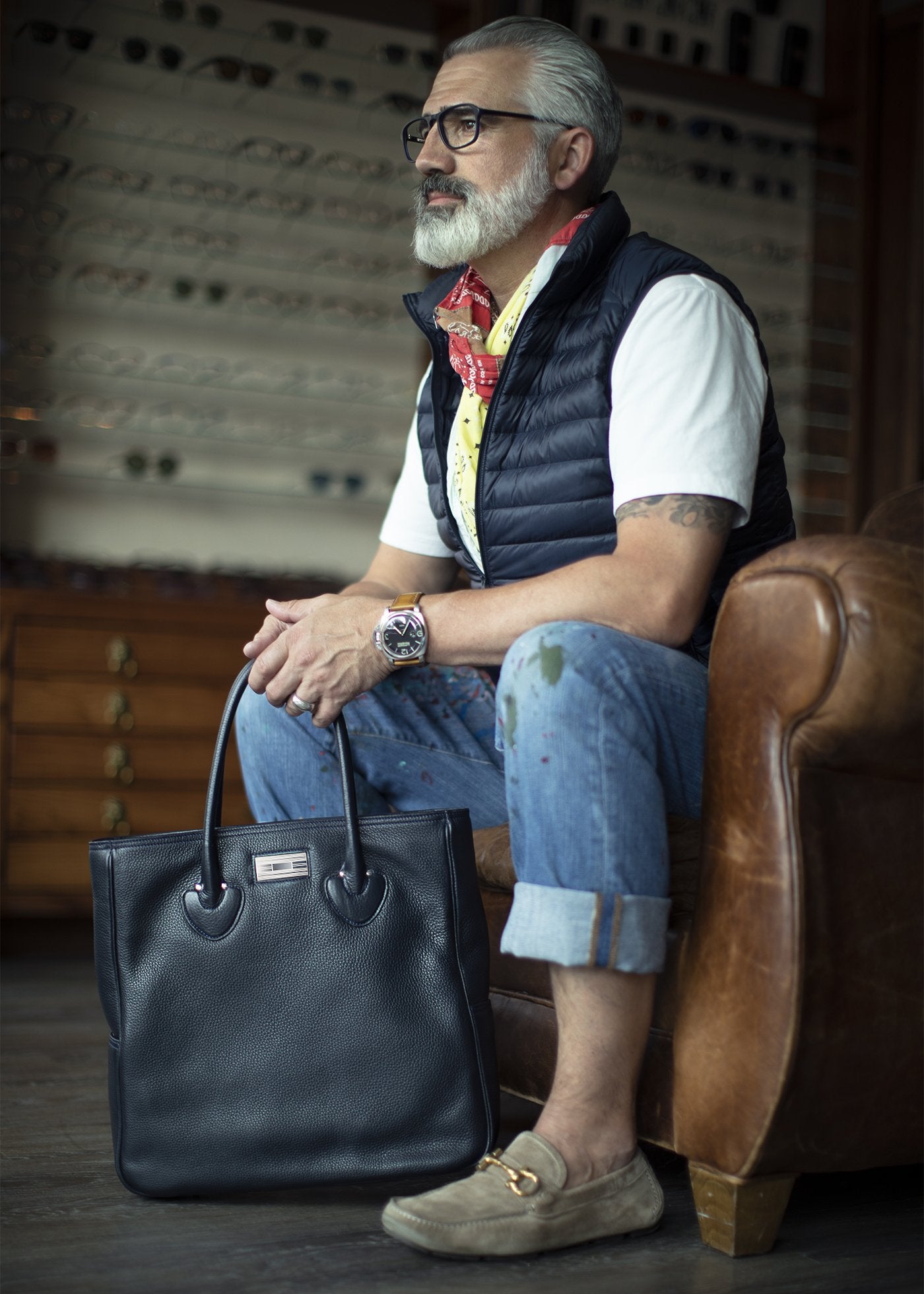 Navy Leather Monogram Essex Tote with Man in Chair - Darby Scott