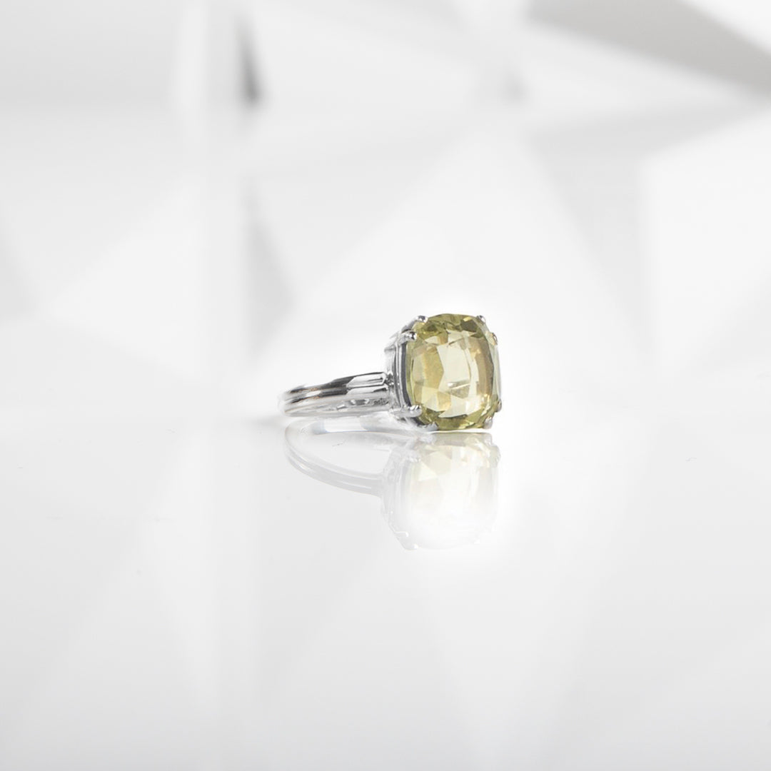 Lime Citrine Sterling Silver Ring 12MM Cushion Cut - Darby Scott