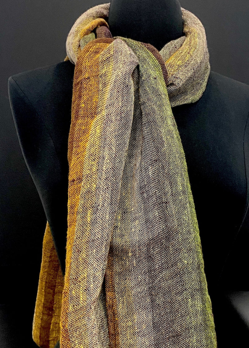 Brown, Yellow and Tan Striped Scarf in Pure Linen - Darby Scott
