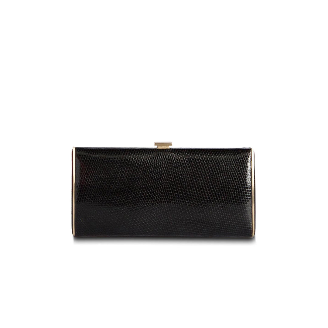 Black Lizard Box Wallet with Gold-Tone Frame, Front View - Darby Scott