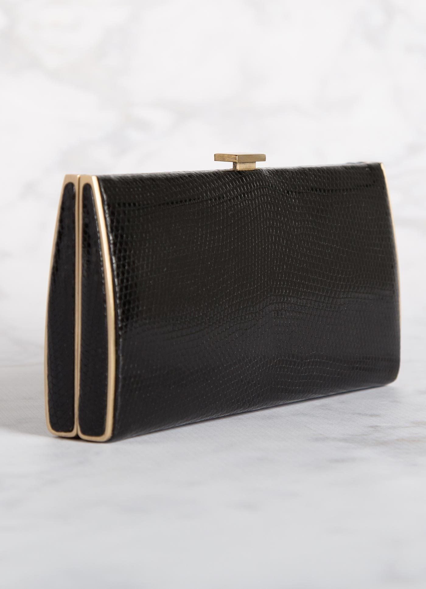 Black Lizard Box Wallet with Gold-Tone Frame, Side View - Darby Scott