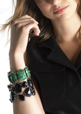 Malachite Gemstones prong set in gold plated brass bracelet & Black onyx bracelet on model - Darby Scott