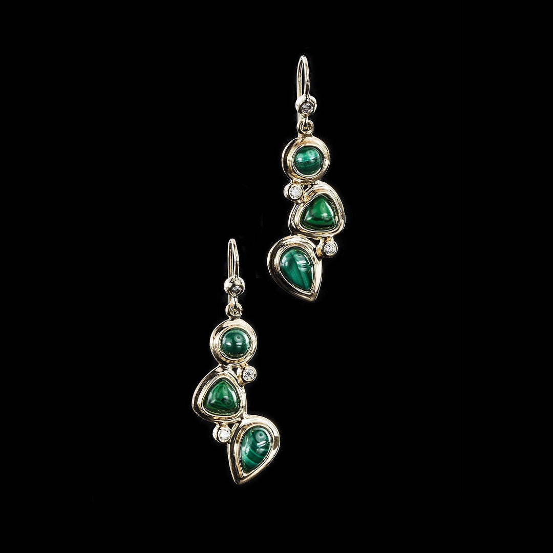 Malachite diamond 18K gold earring mosaic 3 stone - Darby Scott