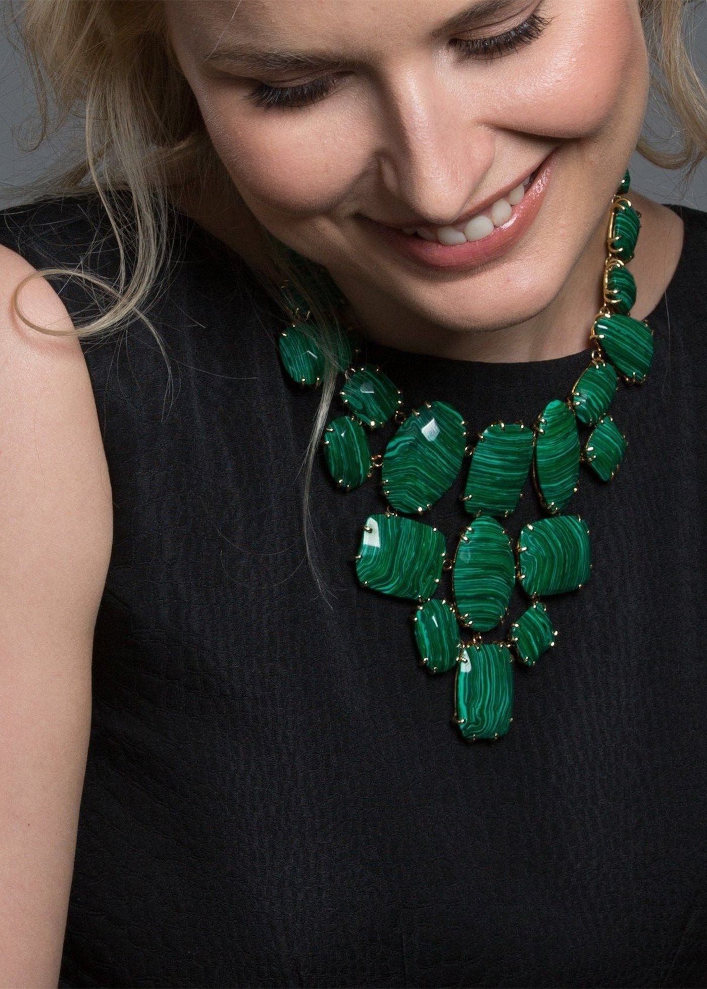 Malachite gemstones prong set in bib style necklace, 14K yellow gold plated - Darby Scott