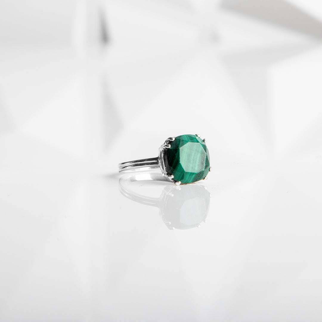 Malachite 12mm Cushion Cut Ring in Sterling Silver - Darby Scott