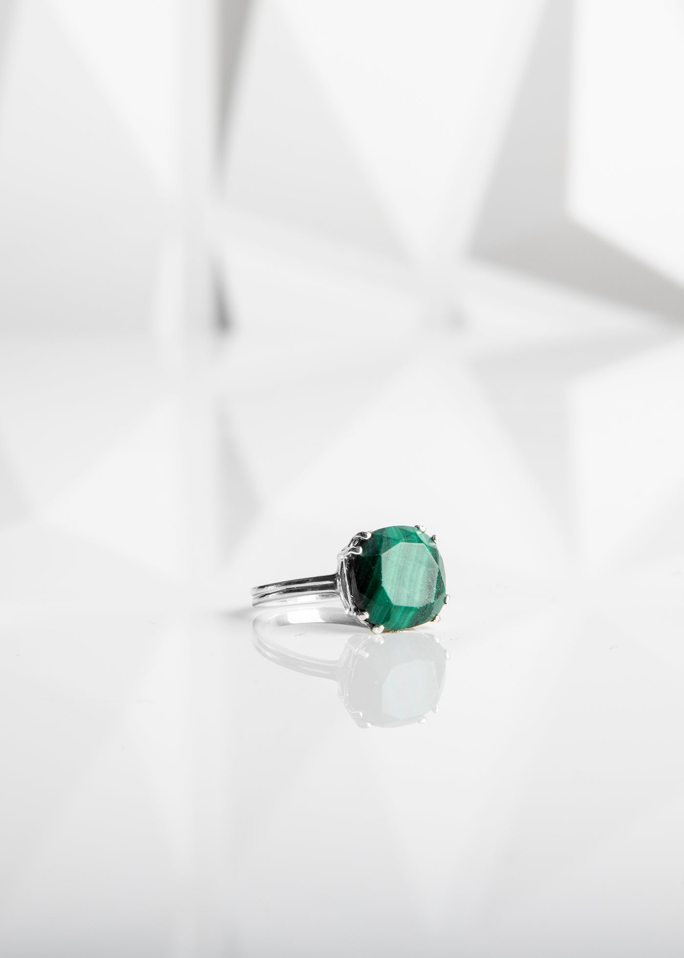 Malachite 12mm Cushion Cut Ring in Sterling Silver - Darby Scott