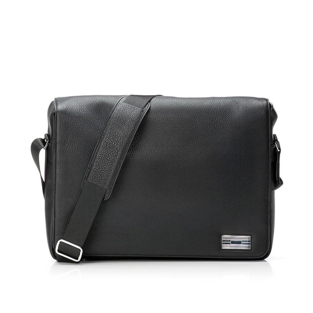 Black Pebble Leather Penn Messenger Bag with Sterling Monogram Plate - Darby Scott