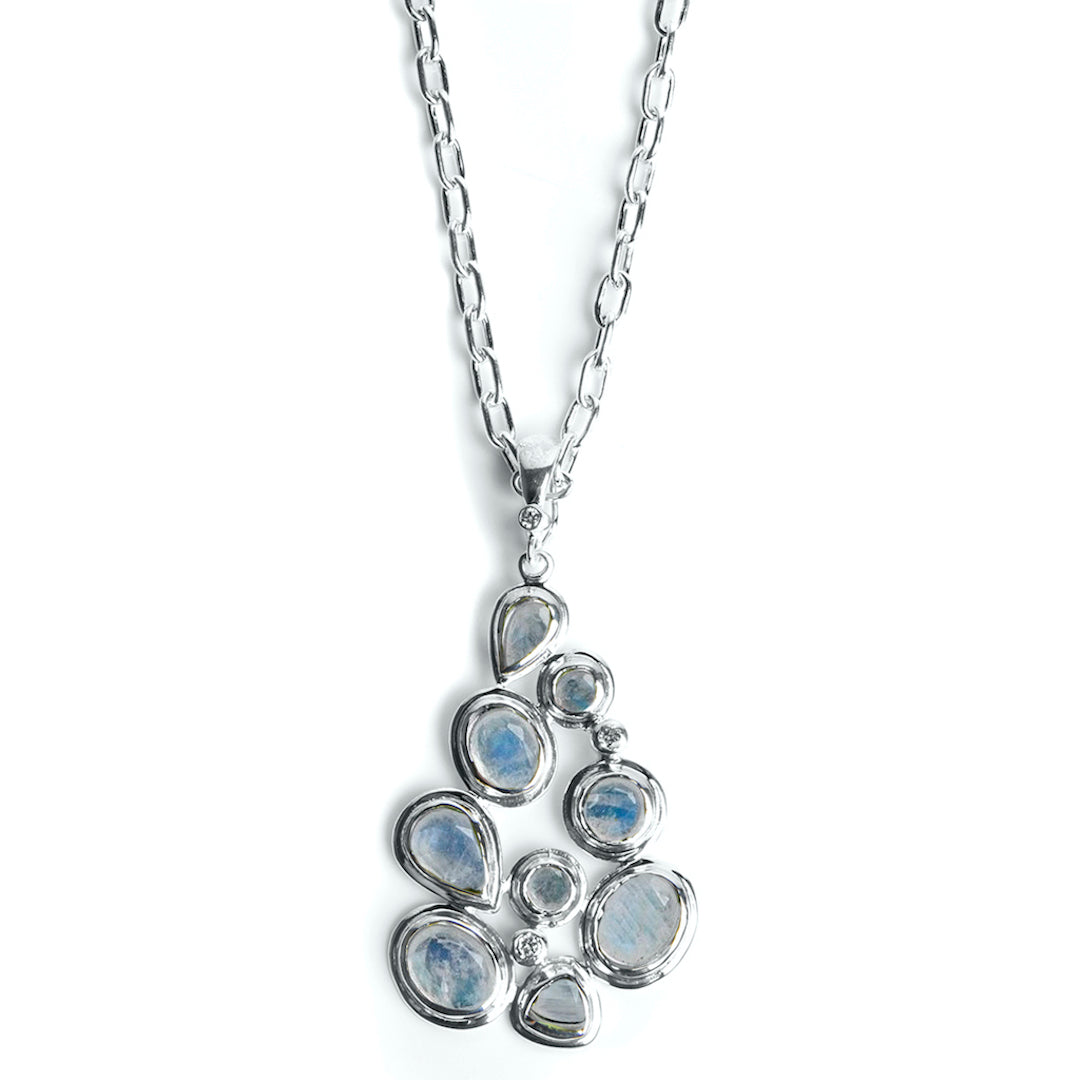 Rainbow Moonstone & Diamond Mosaic 9 stone pendant in sterling silver - Darby Scott 