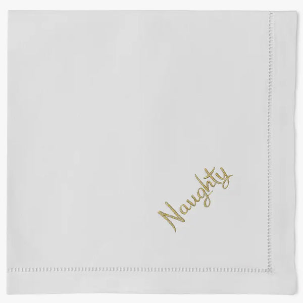 Dinner napkin with 'Naughty' embroidered on edge