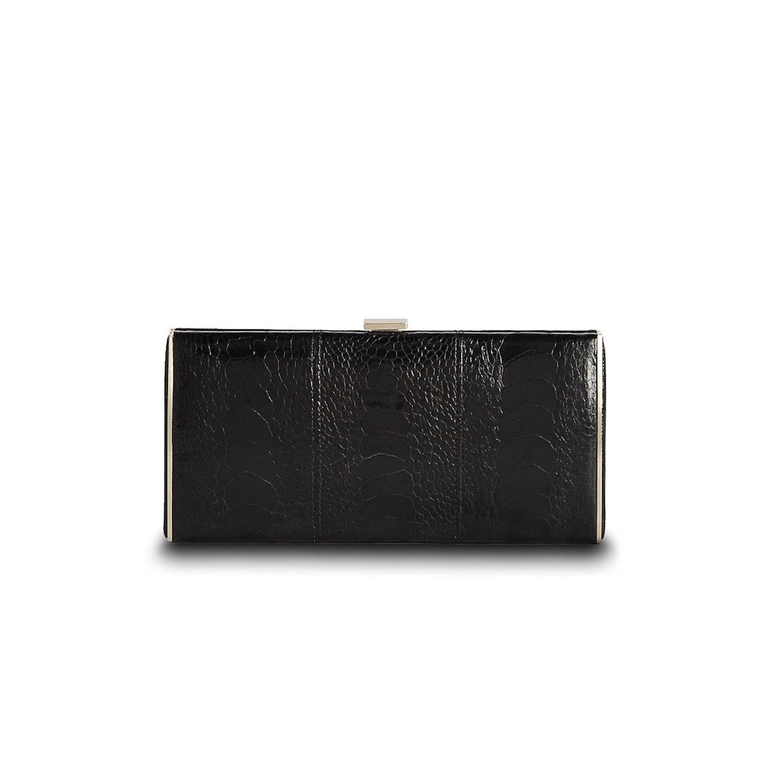 Black Ostrich Leg Box Wallet, Silver Frame, Front View - Darby Scott