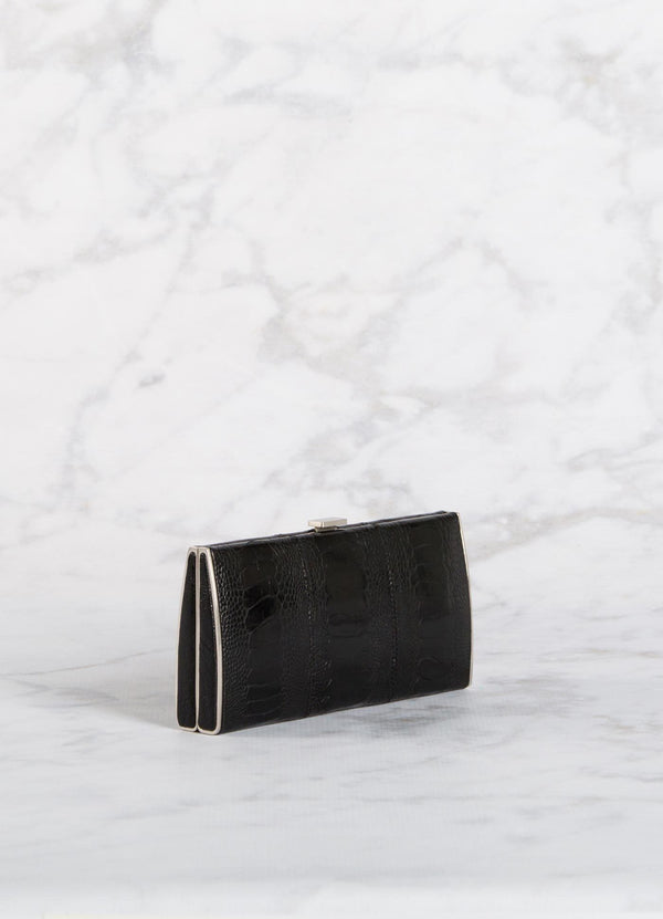 Black Ostrich Leg Box Wallet, Silver Frame, Side View - Darby Scott