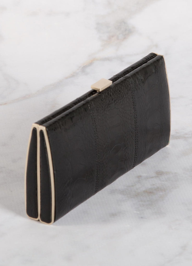 Black Ostrich Leg Box Wallet with Gold Frame, Above View - Darby Scott