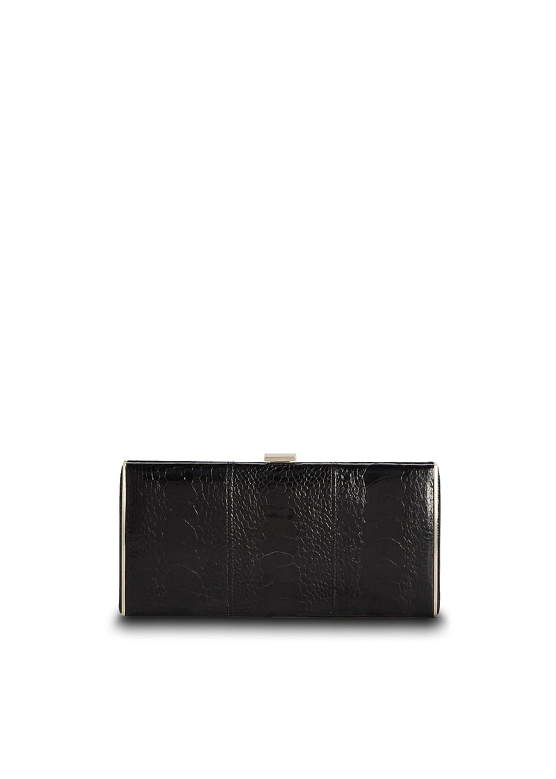 Black Ostrich Leg Box Wallet with Gold Frame, Front View - Darby Scott