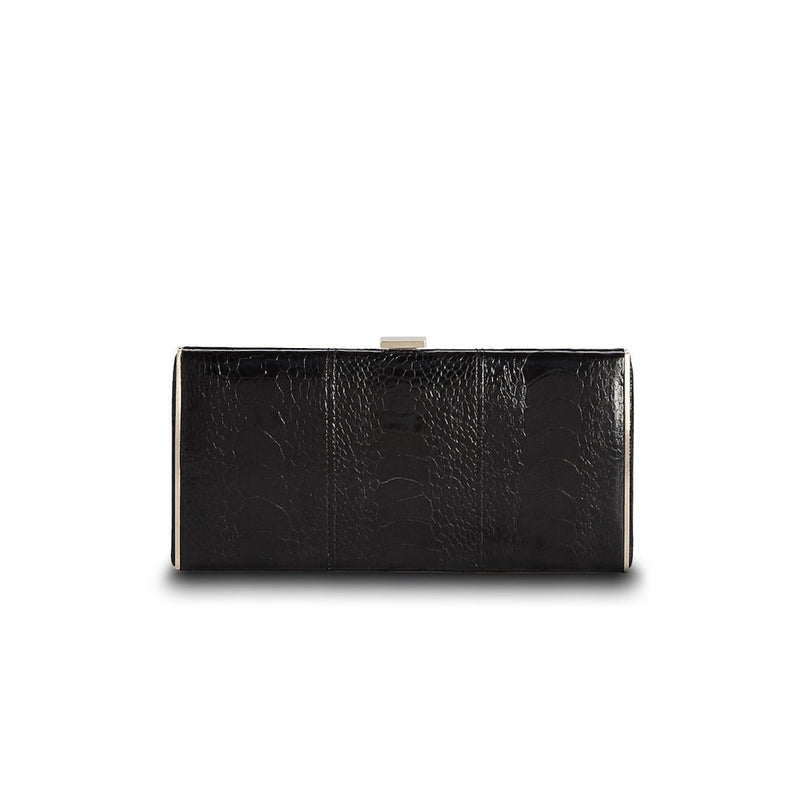 Black Ostrich Leg Box Wallet with Gold Frame, Front View - Darby Scott