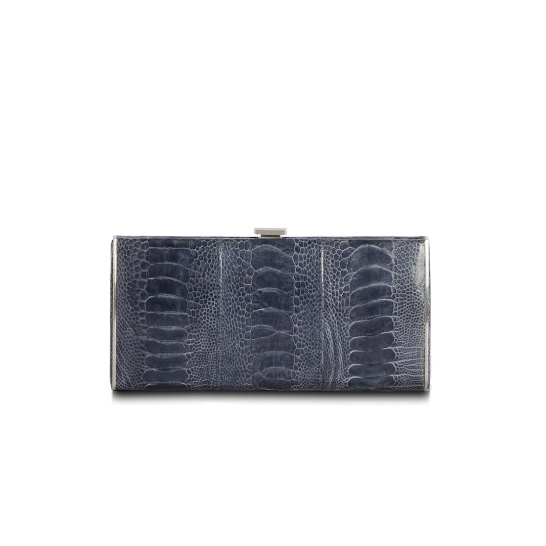 Denim Blue Ostrich Leg Box Wallet, Front View - Darby Scott