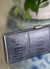 Close up Denim Blue Ostrich Leg box Wallet - Darby Scott