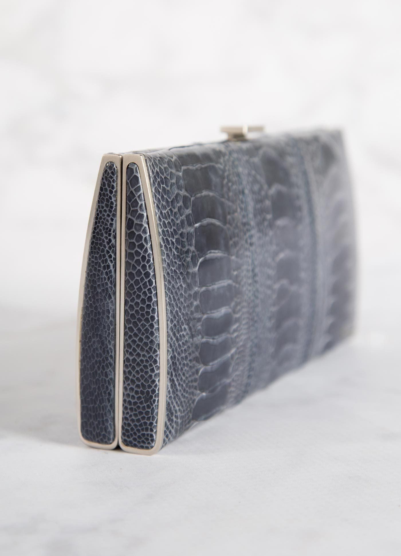 Denim Blue Ostrich Leg Box Wallet, Side View - Darby Scott