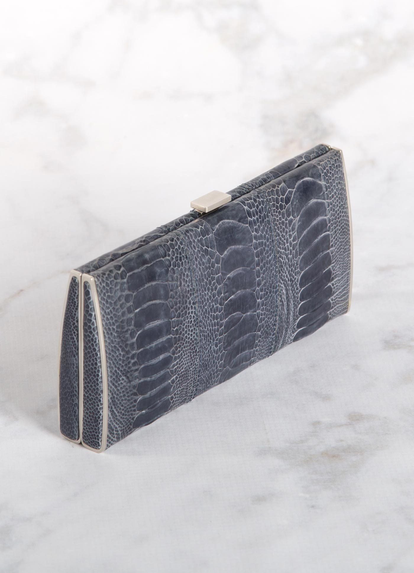 Denim Blue Ostrich Leg Box Wallet, Above View - Darby Scott