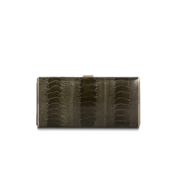 Bronze Green Ostrich Leg Box Wallet, Front View - Darby Scott