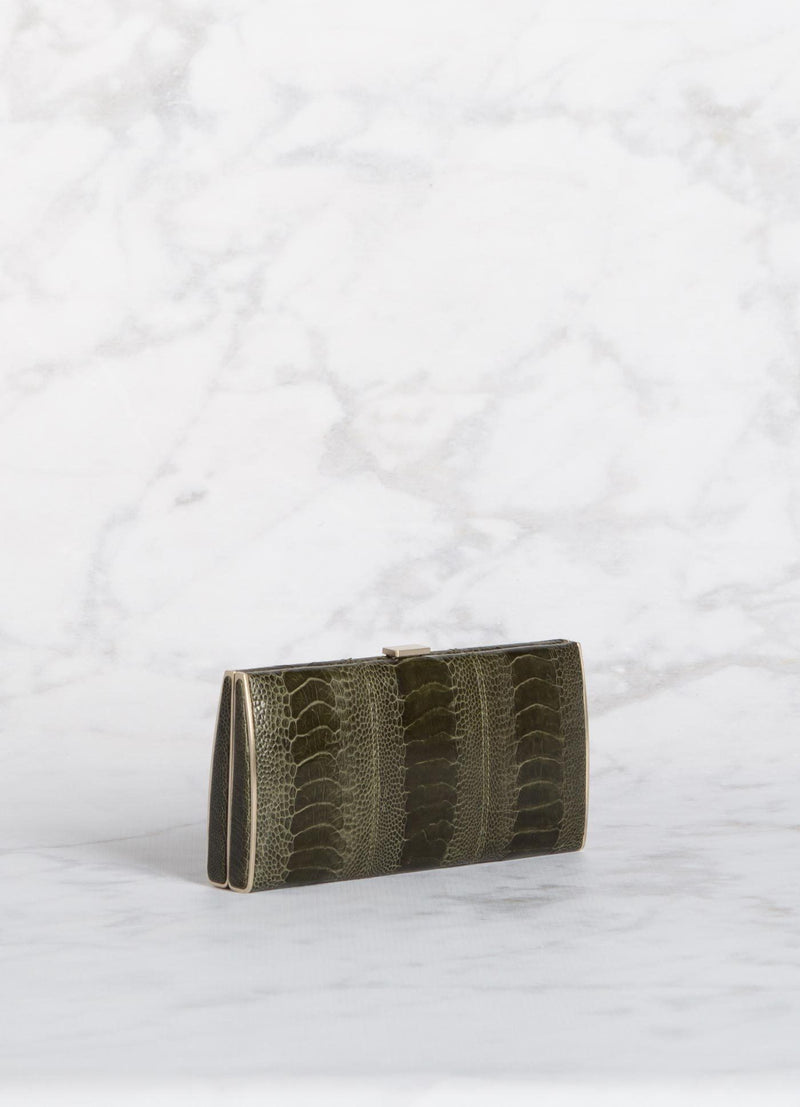 Bronze Green Ostrich Leg Box Wallet, Above View- Darby Scott
