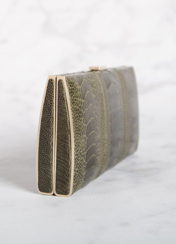 Bronze Green Ostrich Leg Box Wallet, Side View - Darby Scott
