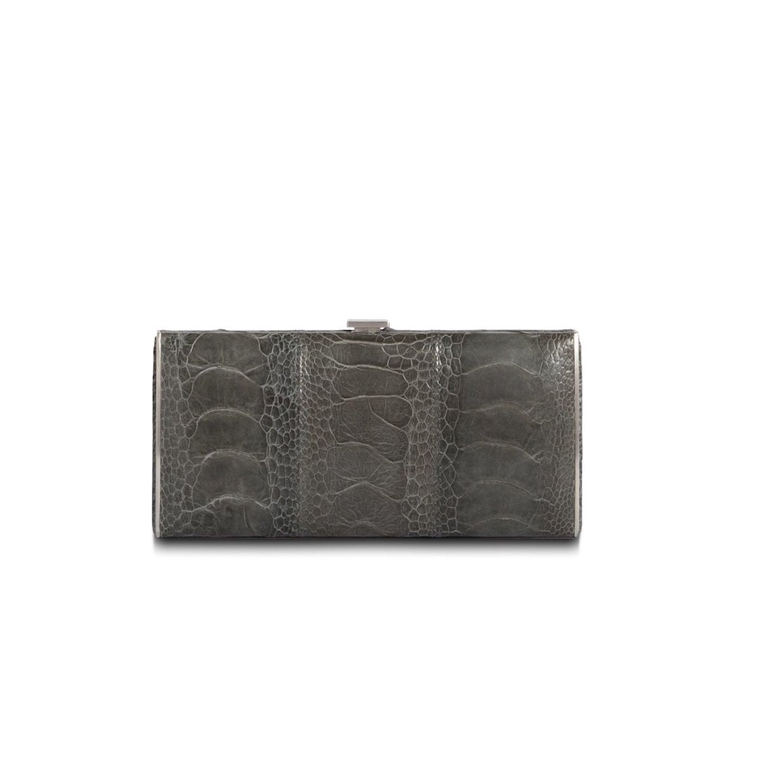 Grey Ostrich Leg Box Wallet, Front View - Darby Scott