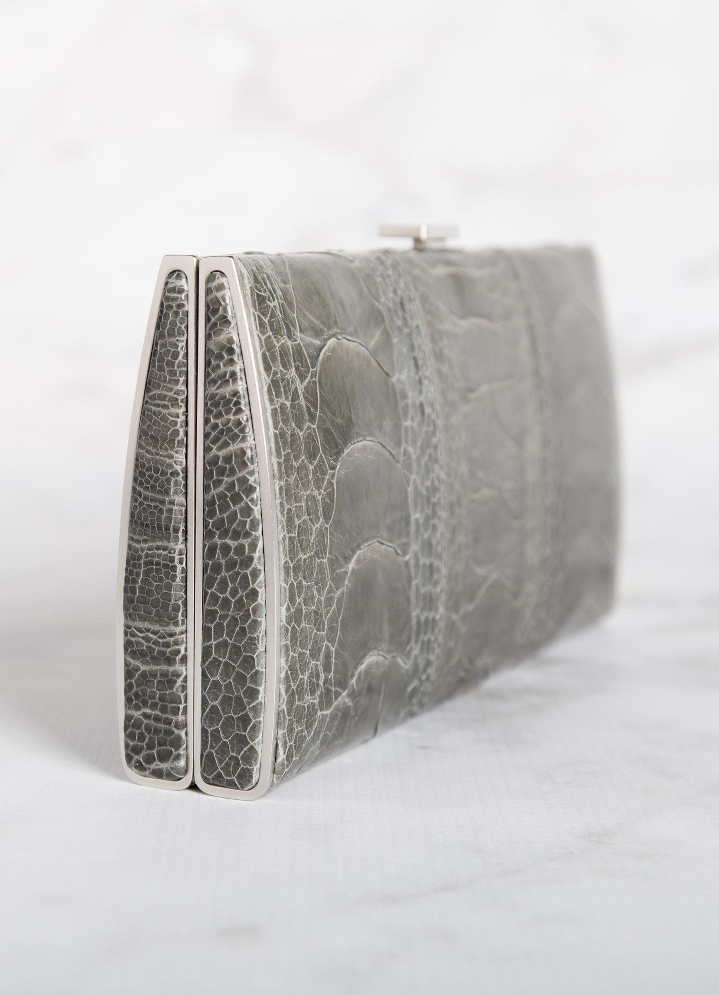 Grey Ostrich Leg Box Wallet, Side View - Darby Scott