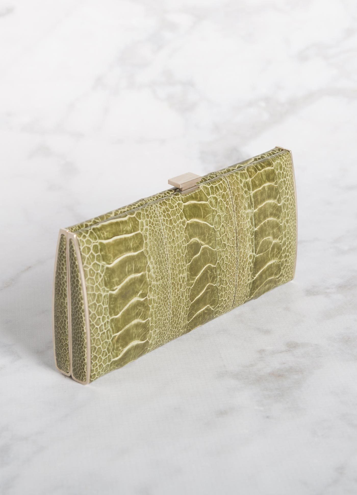 Green Ostrich Leg Box Wallet, Above View - Darby Scott