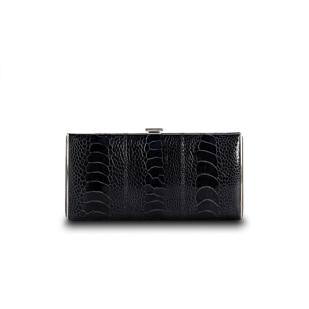 Navy Ostrich Leg Box Wallet, Front View - Darby Scott