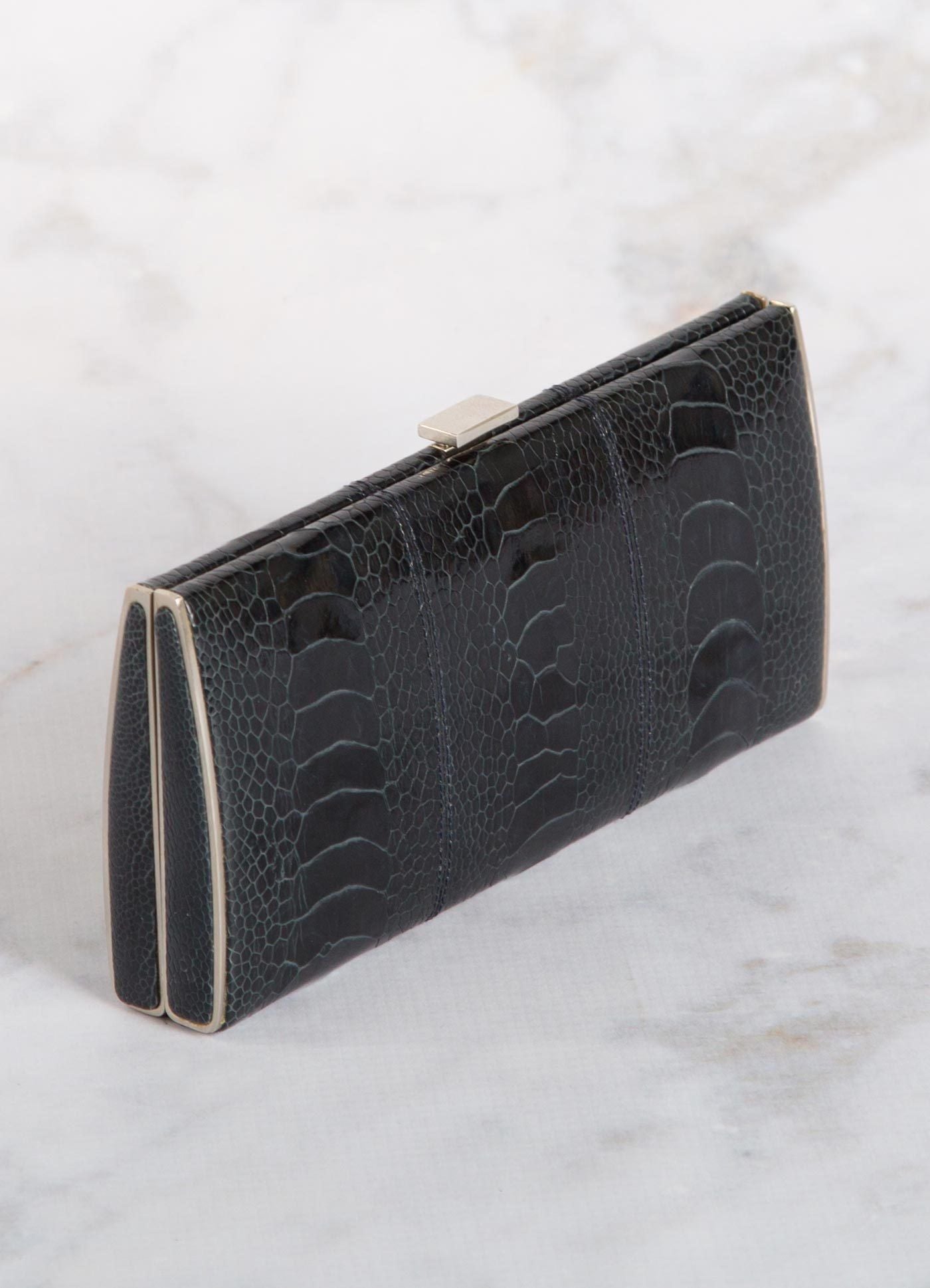 Navy Ostrich Leg Box Wallet, Above View - Darby Scott