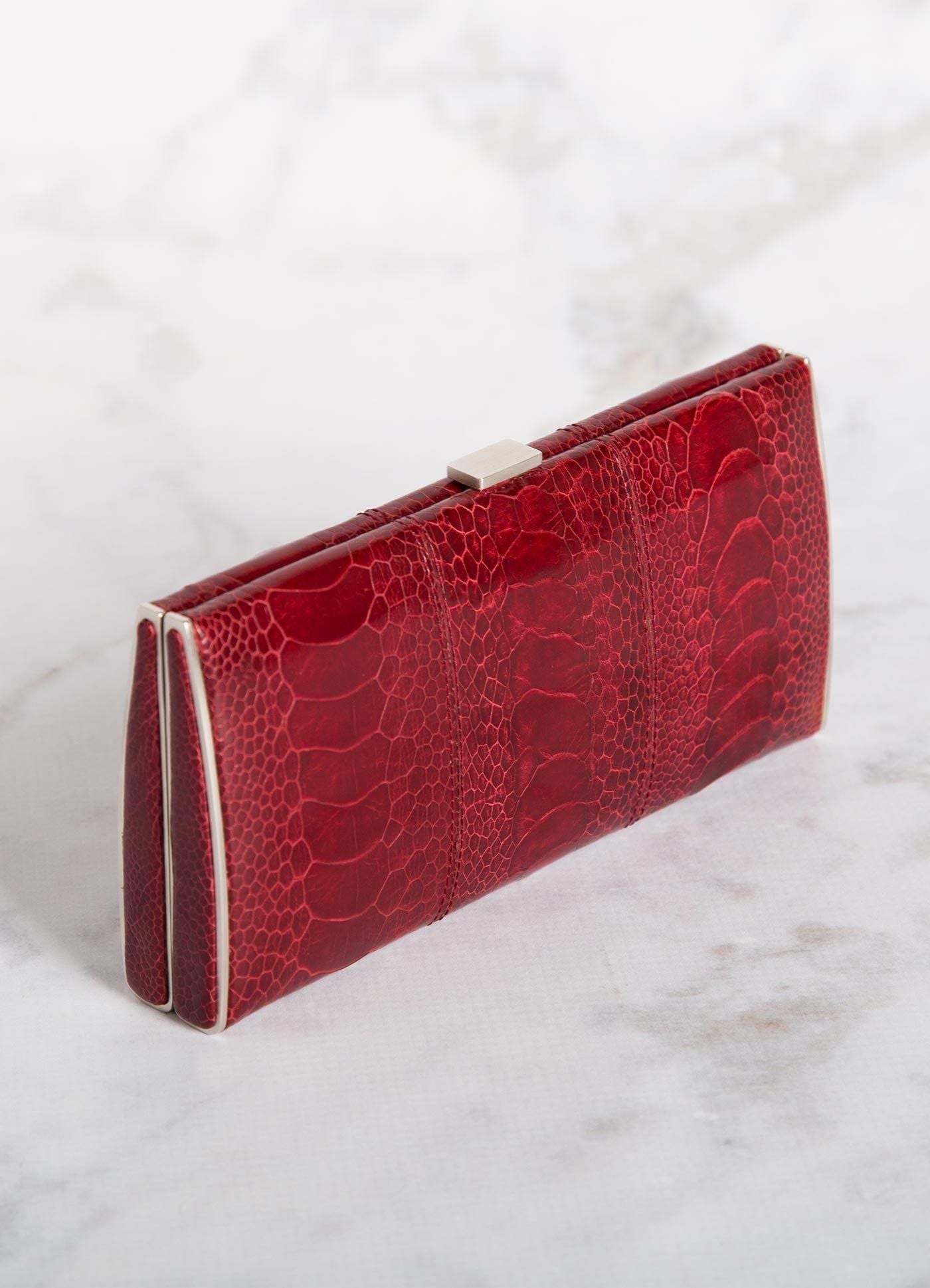 Red Ostrich Leg Box Wallet, Top View - Darby Scott