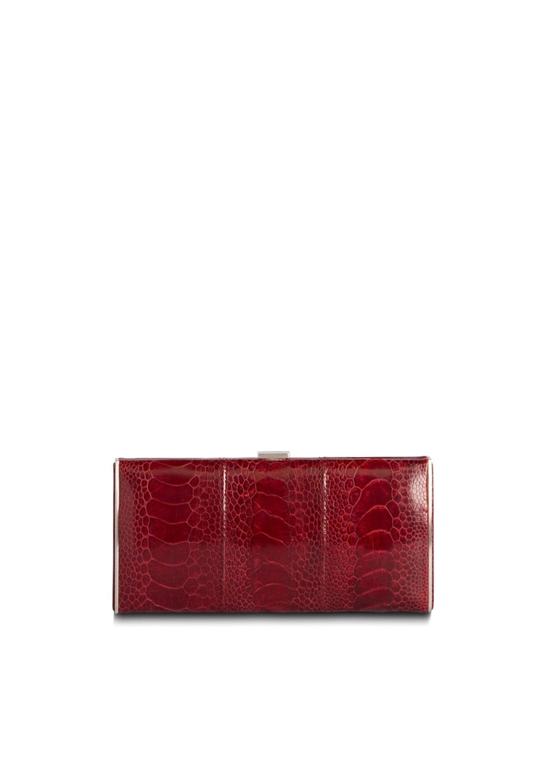 Red Ostrich Leg Box Wallet, Front View - Darby Scott