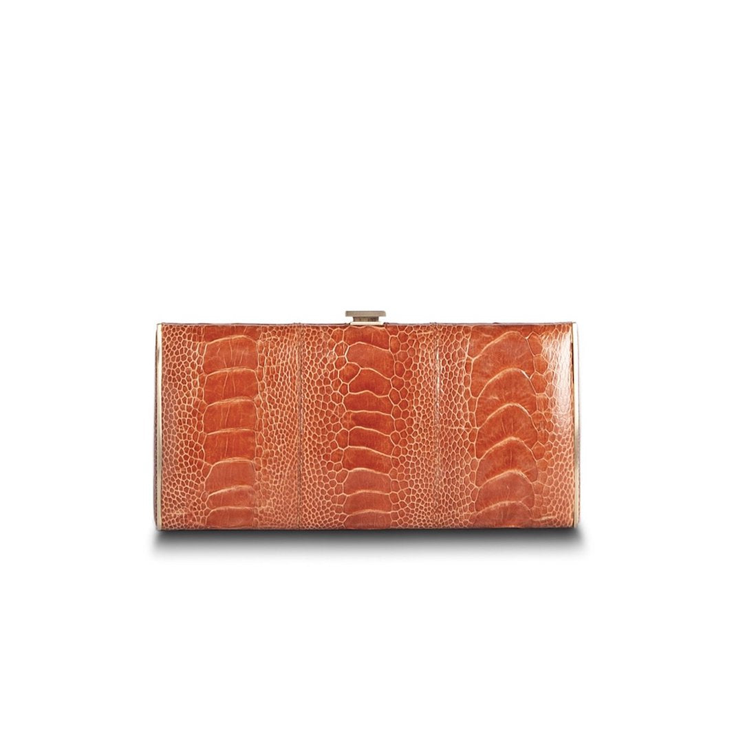 Terracotta Ostrich Leg Box Wallet, Front View - Darby Scott